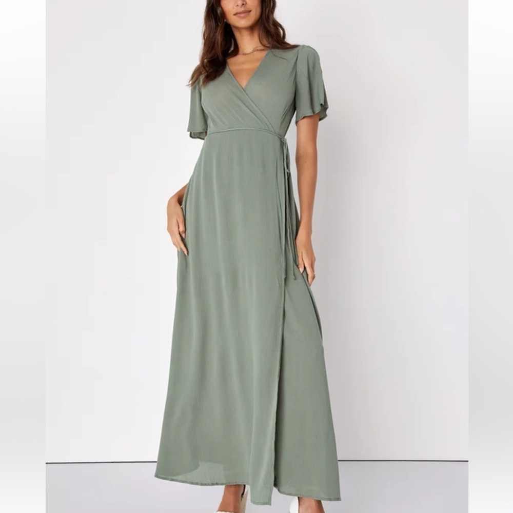 Lulus Much Obliged Washed Olive Green Wrap Maxi Dress - XS